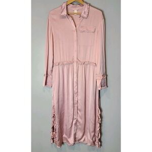H&M Silky Satin Shirt dress Sz 12 Pink Midi Length Coquette Wedding Guest Brunch